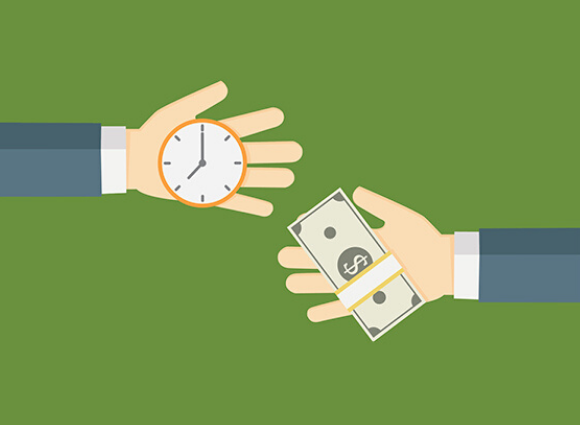 Illustration Of Two Hands, One Is Holding A Clock And One Is Holding A Stack Of Cash