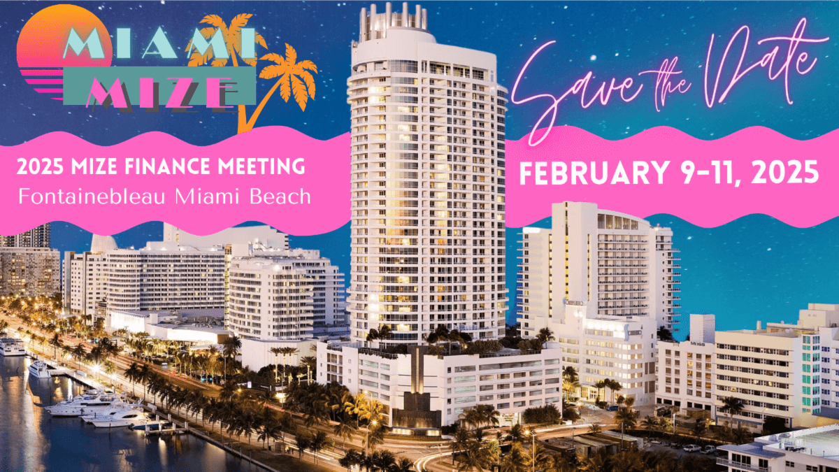 Skyline with the Fontainebleau Miami Beach with text information about the Mize finance meeting Save the Dave February 9-11, 2025
