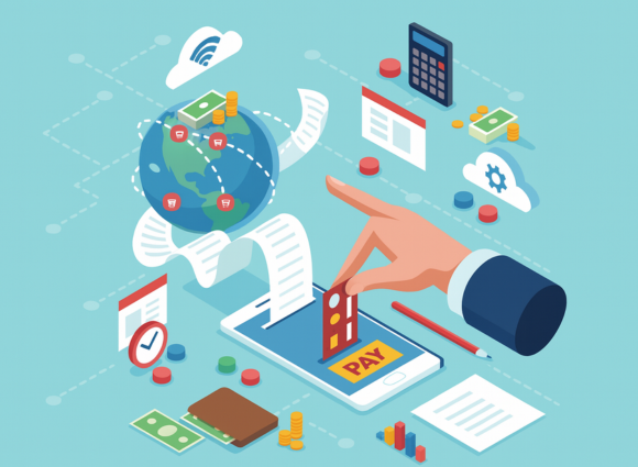 Illustration showing global digital transactions, tax compliance, and online payment processing, representing marketplace facilitator responsibilities managed by Mize CPAs.