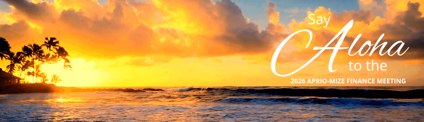 An image of a tropical sunset and motion waves with an overlaying text saying Aloha to the 2026 Aprio-Mize Finance Meeting.